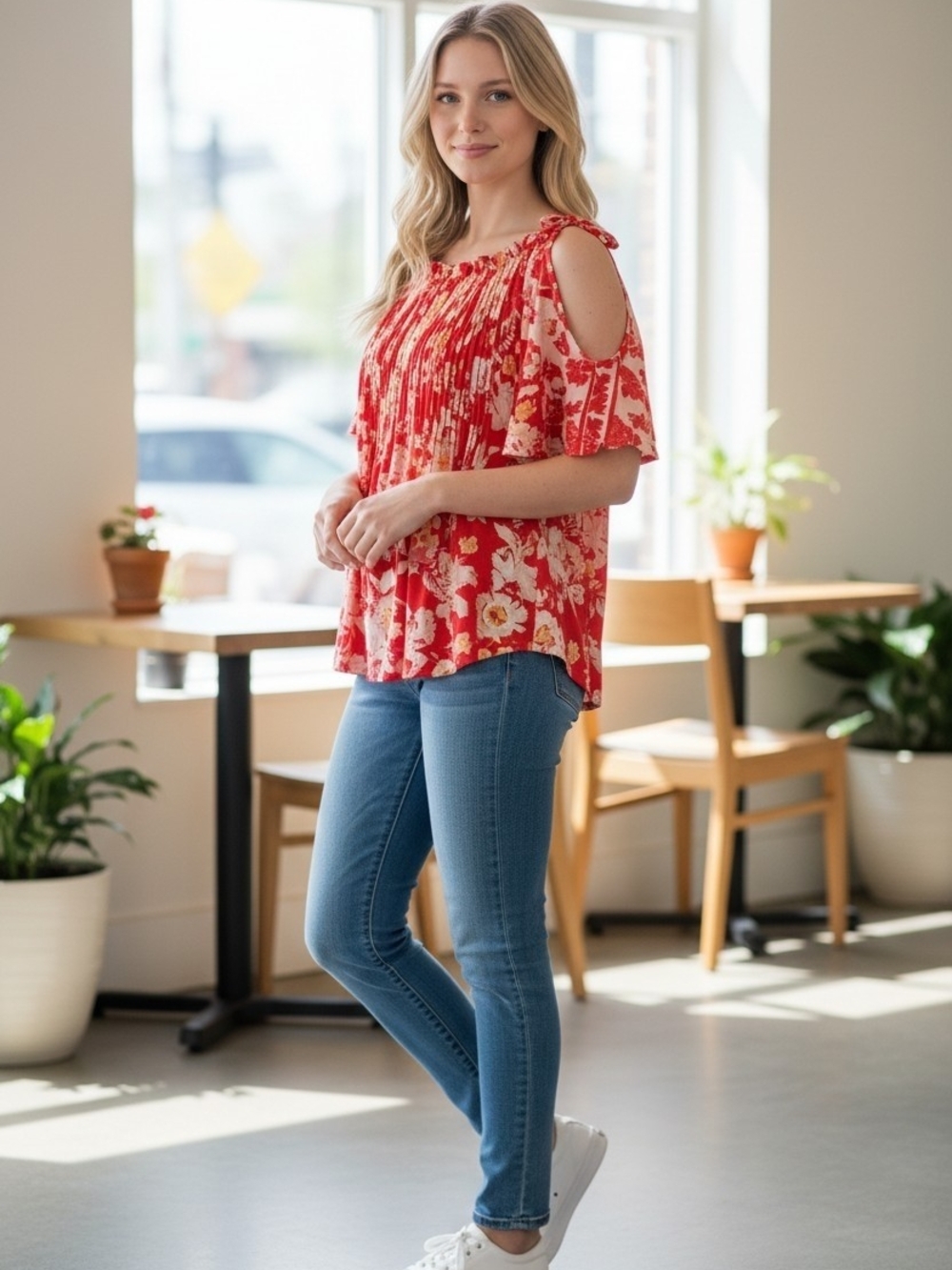 Free People Strawberry Combo Red & White Floral Top